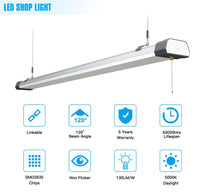 SHL 120W Linkable LED Shop Light 4FT 16800LM 5000K With Plug 120V±10% ON/Off Pull Chain Suspended & Flush Mount